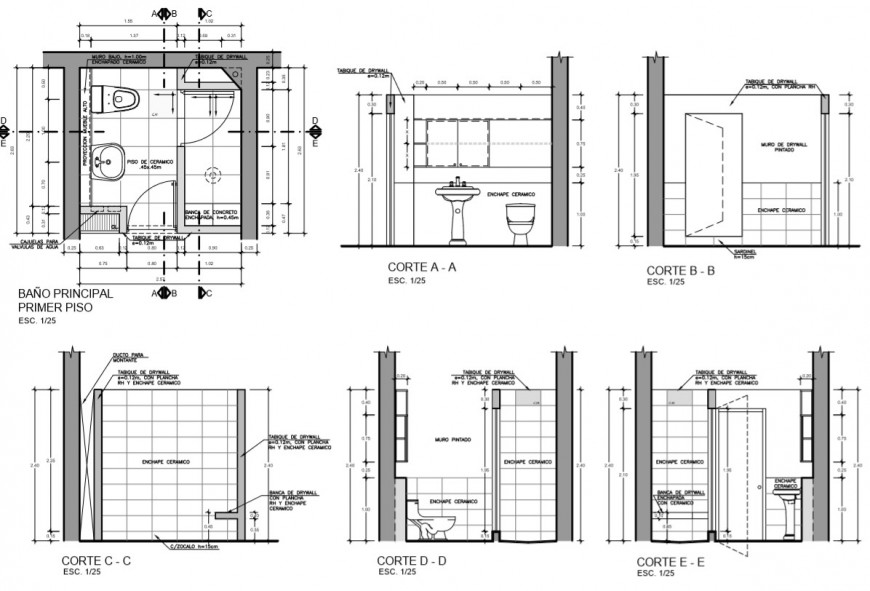 Sanitary toilet plan and section 2d view CAD structure layout autocad file